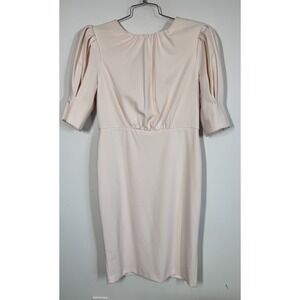 Calvin Klein Blush Pink Puff Sleeve Midi Sheath Dress Open Back Size 12 Wedding
